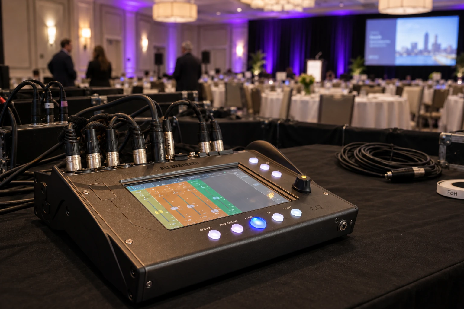 Allen & Heath digital mixing console overlooking a conference ballroom